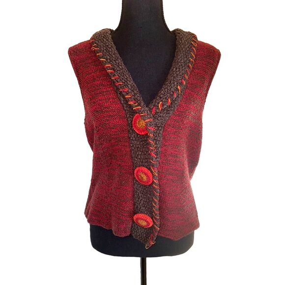 Curio Artsy M Brown Chunky Knit Vest Large Buttons Crochet Grandma Sweater - Picture 1 of 7